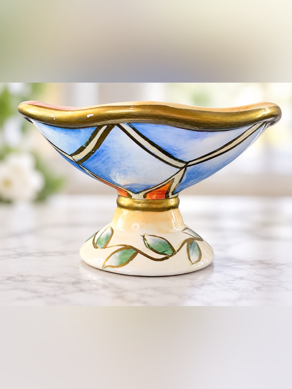 Vintage Wamsutta Hand Painted Ceramic Pedestal Bowl Compote